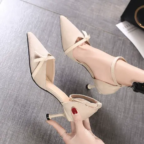 高跟鞋女细跟2024新款百搭春款一字带尖头中空单鞋女黑色性感猫跟商品大图