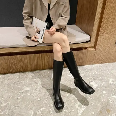 不过膝长筒靴女粗跟2024年秋冬新款时尚小个子侧拉链显瘦百搭长靴商品大图