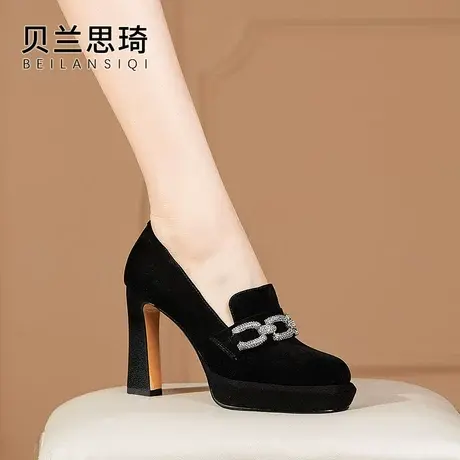 磨砂真皮方头水钻中口厚底粗跟单鞋女2024春秋季新款防水台高跟鞋图片