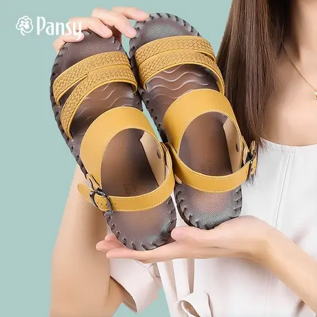 Pansy新款夏季女轻便两用低跟一字带编织手工缝制休闲防滑拖凉鞋商品大图
