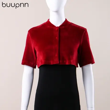 必菩新款立领金丝绒中袖护肩秋冬款女加绒保暖上衣短款小罩衫坎肩商品大图