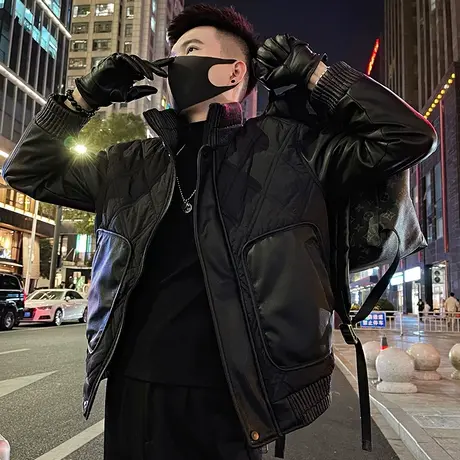 2023冬装新款设计感潮牌小高领拼接棉服男款冬季修身小外套男棉衣图片