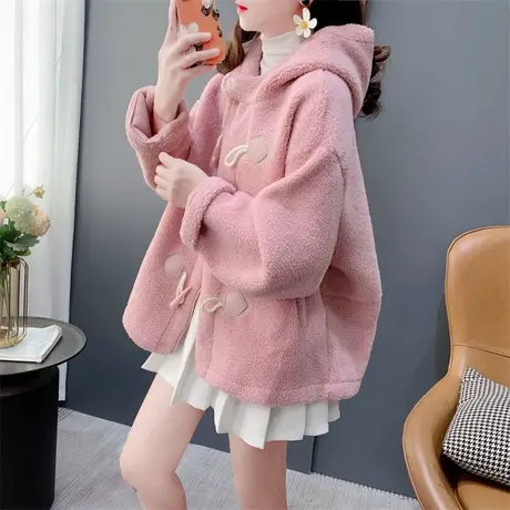 粉色连帽奶fufu短款羊羔毛外套女秋冬2023新款皮毛一体牛角扣上衣商品大图