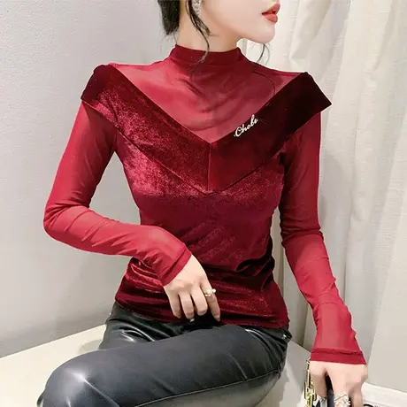 性感网纱拼接半高领T恤女长袖加厚丝绒休闲上衣洋气修身打底衫冬商品大图