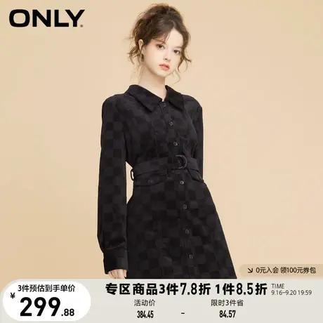 【买4免1】ONLY奥莱春夏复古条绒收腰黑色长袖衬衫连衣裙女图片