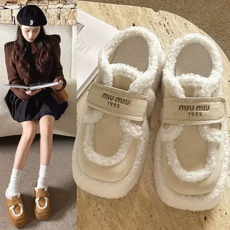 网红增高厚底包头毛毛拖鞋女秋冬外穿小个子2023新款坡跟半拖棉鞋商品大图
