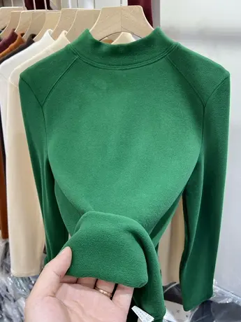 加厚双面磨毛软糯德绒长袖T恤女2023秋冬装新款半高领打底衫上衣商品大图