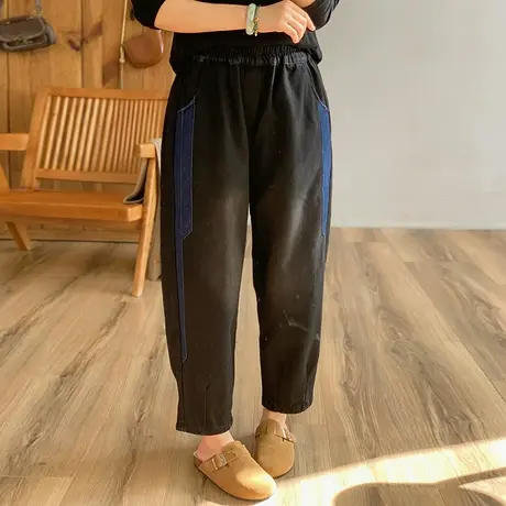 dza 高腰显瘦拼接色直筒宽松牛仔裤子女秋冬加绒外穿长裤阔腿女裤商品大图