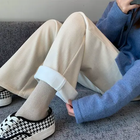 灯芯绒阔腿裤女2023春秋杏色高腰直筒垂感条绒加绒加厚宽松拖地裤商品大图