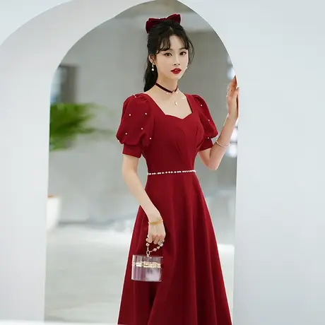 敬酒服新娘酒红色平时可穿高级感结婚订婚礼服连衣裙法式方领钉珠商品大图