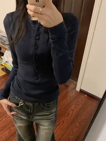 半开领辣妹修身t恤女打底衫春季秋冬加绒美拉德螺纹纽扣长袖上衣商品大图