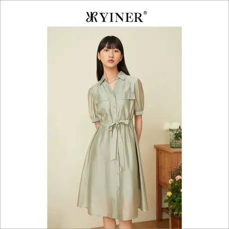 YINER音儿女装2022夏季高腰泡泡袖肌理感半开领连衣裙图片