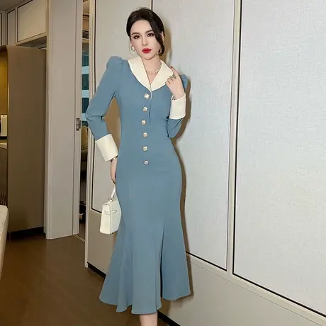 高端精致名媛风翻领职业连衣裙女时尚正式场合气质包臀鱼尾中长裙图片