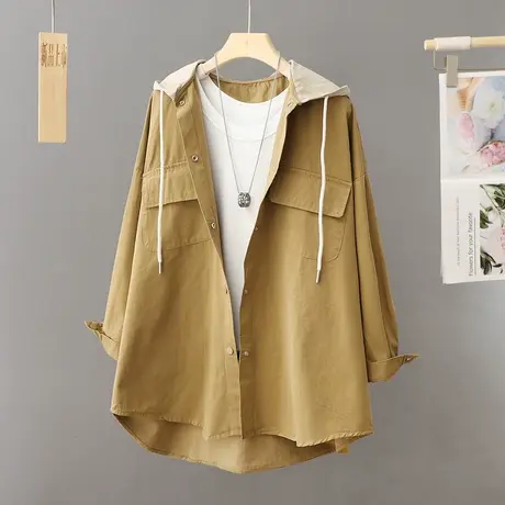 2024春秋新款宽松大码慵懒风连帽中长款防风工装风衣外套女装大衣图片