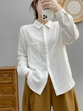 春秋季韩版复古条纹长袖衬衫女宽松休闲百搭暗门襟大口袋上衣外套商品大图