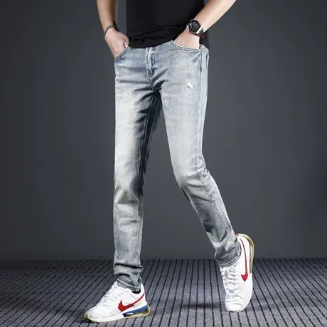 美式高端浅蓝破洞牛仔裤男2024新款修身小直筒春夏季弹力男士裤子商品大图