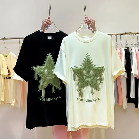 纯棉设计感植绒刺绣星星短袖t恤女夏季新款小众宽松美式街头上衣商品大图