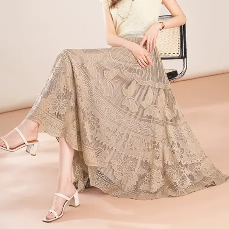 垂坠感蕾丝裙女春秋2024新款高腰两面穿沙裙子网纱半身裙大摆长裙图片
