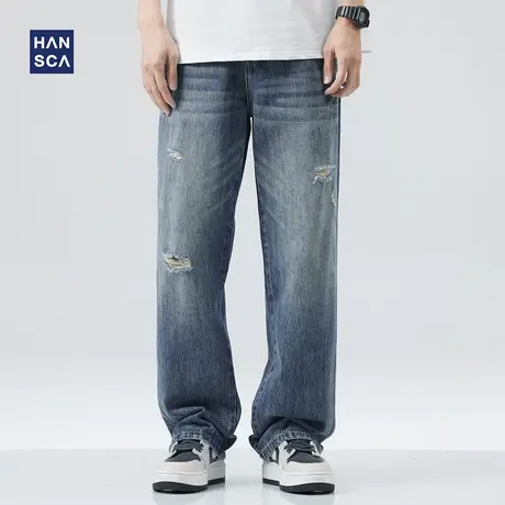 hansca男士牛仔裤2023春季新款潮牌直筒宽松阔腿休闲大码破洞长裤商品大图
