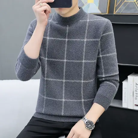 半高领毛衣男士韩版潮流时尚简约格子百搭针织衫中领外套毛线衣服商品大图