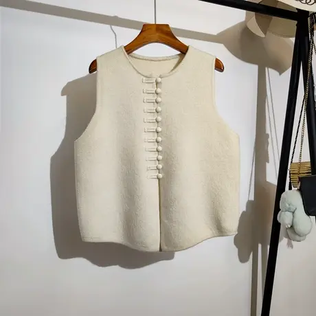 针织马甲开衫女春秋新款宽松圆领新中式盘扣无袖坎肩毛衣背心外套商品大图