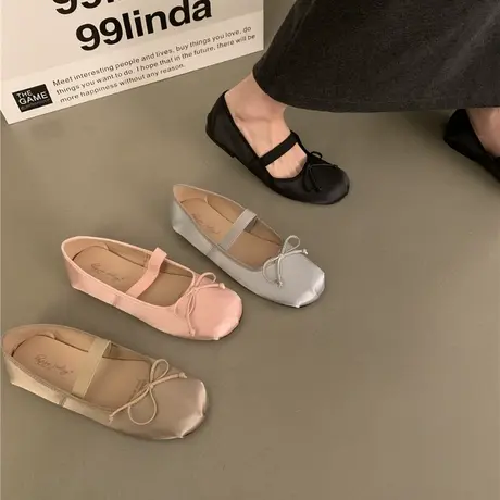 平底粉色芭蕾舞单鞋仙女鞋子春秋2024新款春秋冬缎面银色玛丽珍鞋商品大图