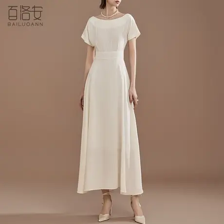 百洛安设计感小众短袖连衣裙女夏季气质优雅高腰显瘦a字大摆长裙图片