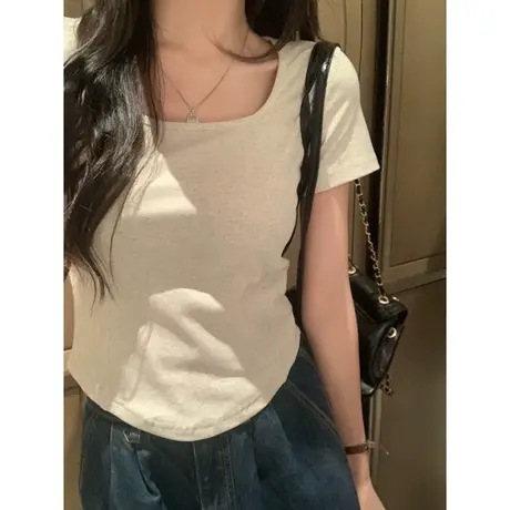 小个子短款方领正肩半袖T恤女夏季内搭修身打底衫韩版紧身上衣潮图片