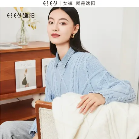 逸阳圆领粗麻花复古毛衣女2024春秋新款宽松立体遮肉显瘦上衣3414商品大图