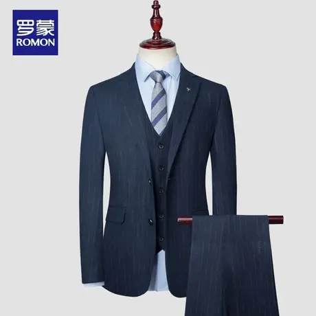 罗蒙商务蓝色条纹休闲男士西服套装春季英伦风西装男正装伴郎服商品大图
