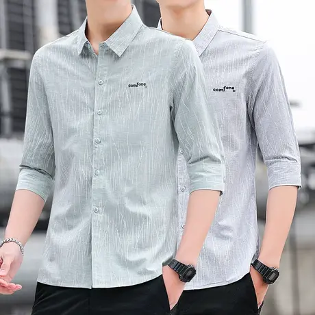 夏季薄款冰丝七分袖衬衫男士短袖2023年新款帅气高级感中袖衬衣男商品大图