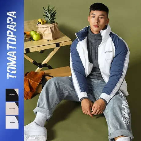 TOMATOPAPA原创设计字母立领插肩拼色棉衣个性反光袖子男士外套商品大图