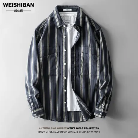 春秋季色织条纹男士衬衫潮流青年百搭工装休闲长袖衬衣宽松外套男商品大图