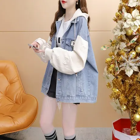 宽松假两件连帽牛仔外套女2023新款秋冬季时尚洋气百搭设计感上衣图片