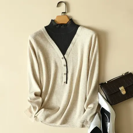 新款蕾丝半高领假两件套头毛衣女士秋冬洋气显瘦打底衫内搭针织衫商品大图