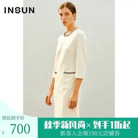 恩裳2023春款新款时尚经典H型优雅米白小香风羊毛连衣裙图片