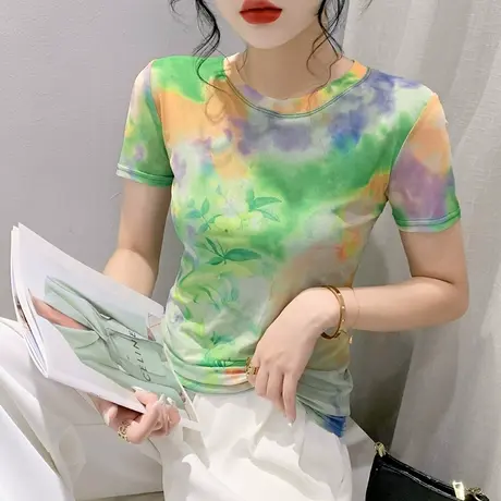 气质减龄T恤女短袖2023夏季新款性感网纱上衣洋气漂亮印花小衫ins商品大图