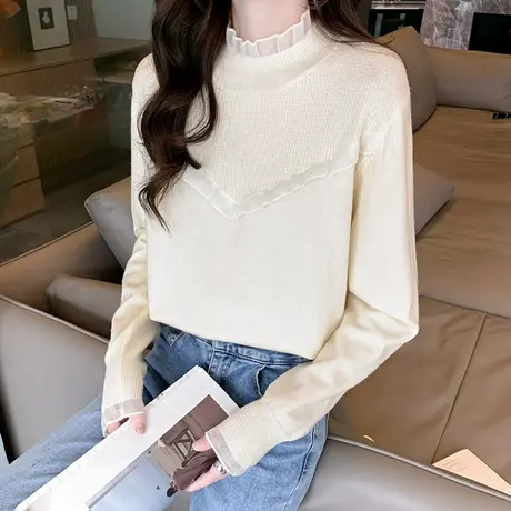 2023早秋新款蕾丝边半高领宽松薄款针织打底衫长袖春秋冬洋气上衣商品大图