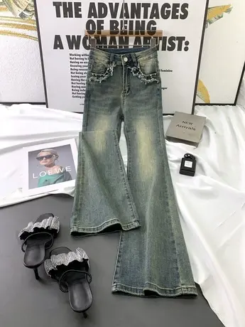 美式重工铆钉微喇牛仔裤女2023秋新款高腰显瘦辣妹弹力马蹄喇叭裤图片