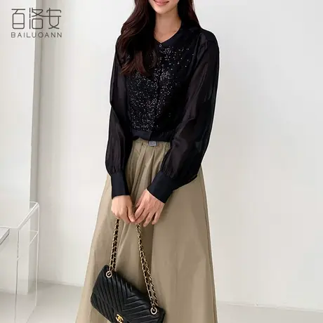 百洛安优雅随性亮片衬衫女秋季新款气质圆领百搭上衣宽松长袖衬衣图片