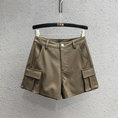 欧货咖啡色工装口袋PU皮短裤女2023秋季新款外穿显瘦a字阔腿裤潮商品大图