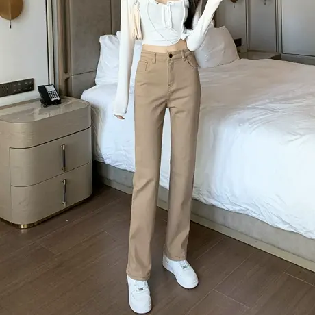 卡其色直筒牛仔裤女秋季2023年新款秋冬高腰显瘦弹力修身烟管裤子商品大图