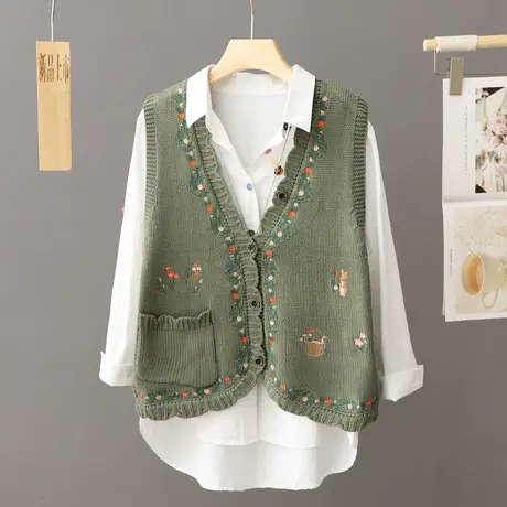 v领针织马甲背心女复古学院慵懒风宽松外搭针织毛衣外套无袖坎肩商品大图