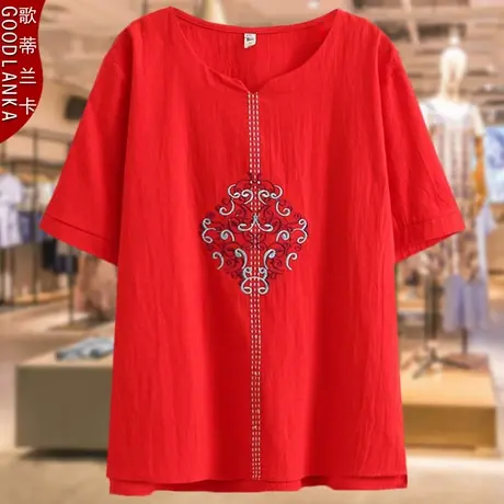 加肥加大码女棉麻上衣200斤夏装新款2023中年胖妈妈装绣花短袖T恤商品大图