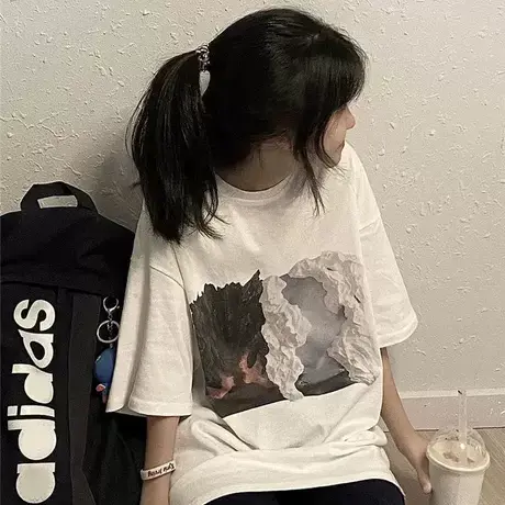 白色短袖t恤女夏季薄款宽松ins潮oversize设计感小众甜酷别致上衣商品大图