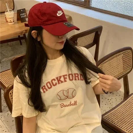 红续美式复古棒球印花纯棉宽松短袖T恤女2023新款夏季半袖上衣ins图片