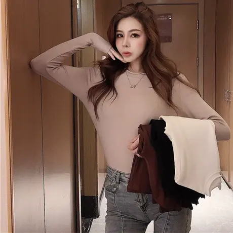 木耳边纯色打底衫女春秋冬季内搭长袖上衣百搭黑色修身t恤女装图片