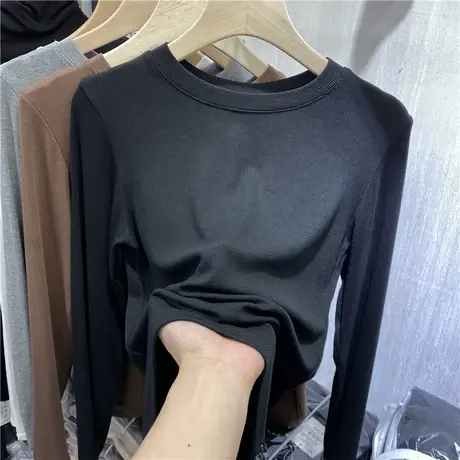 白色长袖螺纹T恤女2022早秋新款圆领打底衫洋气修身内搭弹力上衣商品大图