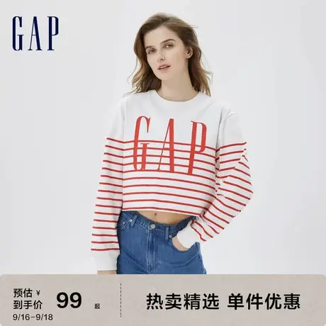Gap女装秋季款LOGO条纹短款水洗棉长袖T恤598228洋气廓形上衣图片
