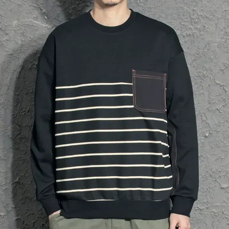 奕飏2022年春季新款男士条纹卫衣拼接圆领套头上衣宽松薄款外套潮商品大图